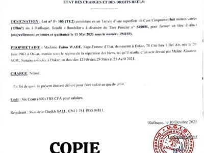 VENTE UNE MAISON N°105F SITUÉE À LA CITE COMICO BAMBILOR TITRE FONCIER